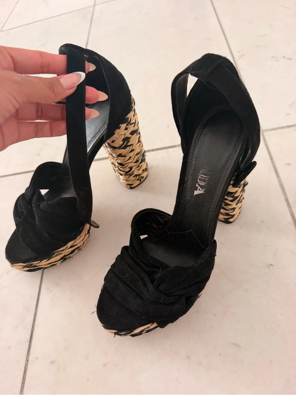 Prada Black Braided Platform Sandals with Woven Heel